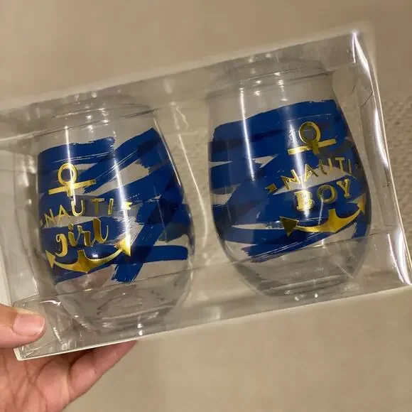 Wine Drink Glasses Set - Nauti Girl & Nauti Boy, New in box - Picture 1 of 6